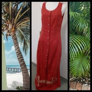 Vintage Linen Lagenlook Cool Coral Beachy Boho Maxi Button Down Tank Dress Small